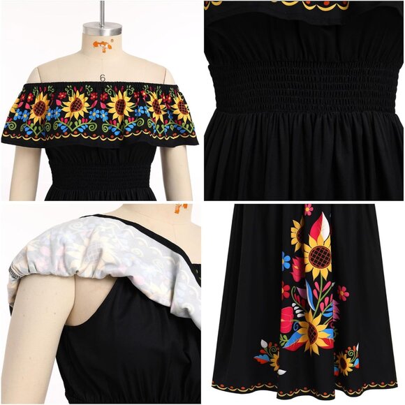 Off Shoulder Mexican Dress Floral Sunflower Fiesta Maxi Casual for Women - Picture 6 of 6